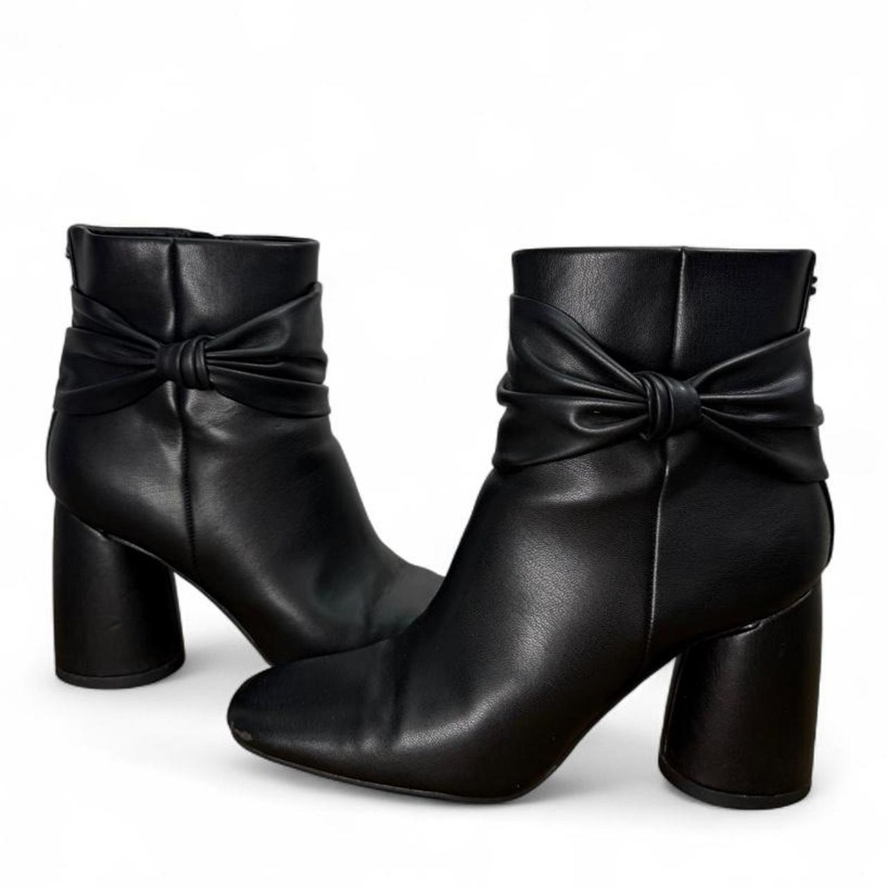 Sam & Libby Womens Black Faux Leather Bow Block Heel Ankle Boots Booties Size 6